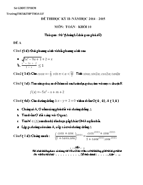 Đề thi học kỳ II môn Toán  Khối 10